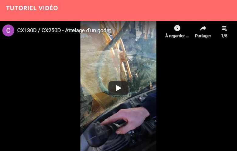 Attelage d&rsquo;un godet sur CX130D et CX250D (Pelle sur chenilles)