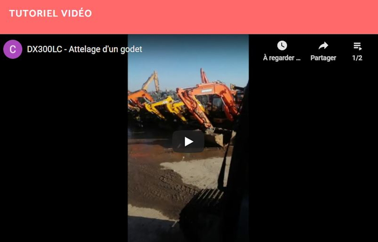 Attelage d&rsquo;un godet sur DX300LC (Pelle sur chenilles)