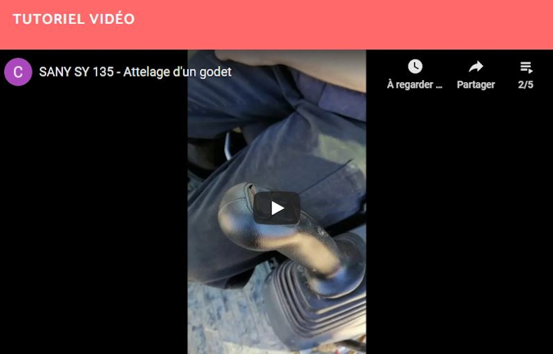 Attelage d&rsquo;un godet sur la SANY SY135 (Pelle sur chenilles)