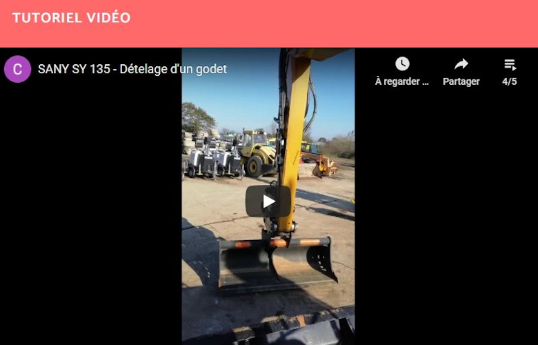 Dételage d&rsquo;un godet sur la SANY SY135 (Pelle sur chenilles)